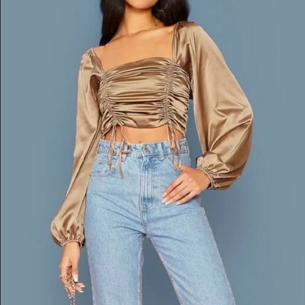 Drawstring Ruched Front Shirred Back Satin Top - Picture 5 of 9